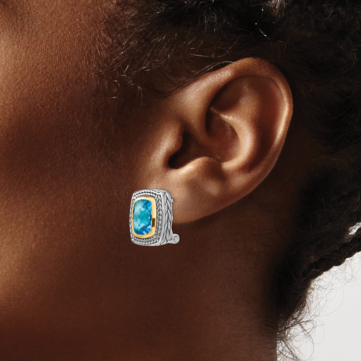 Swiss Cushion Blue Topaz Antique Stud Earrings in Sterling Silver - Sophia Jewelers