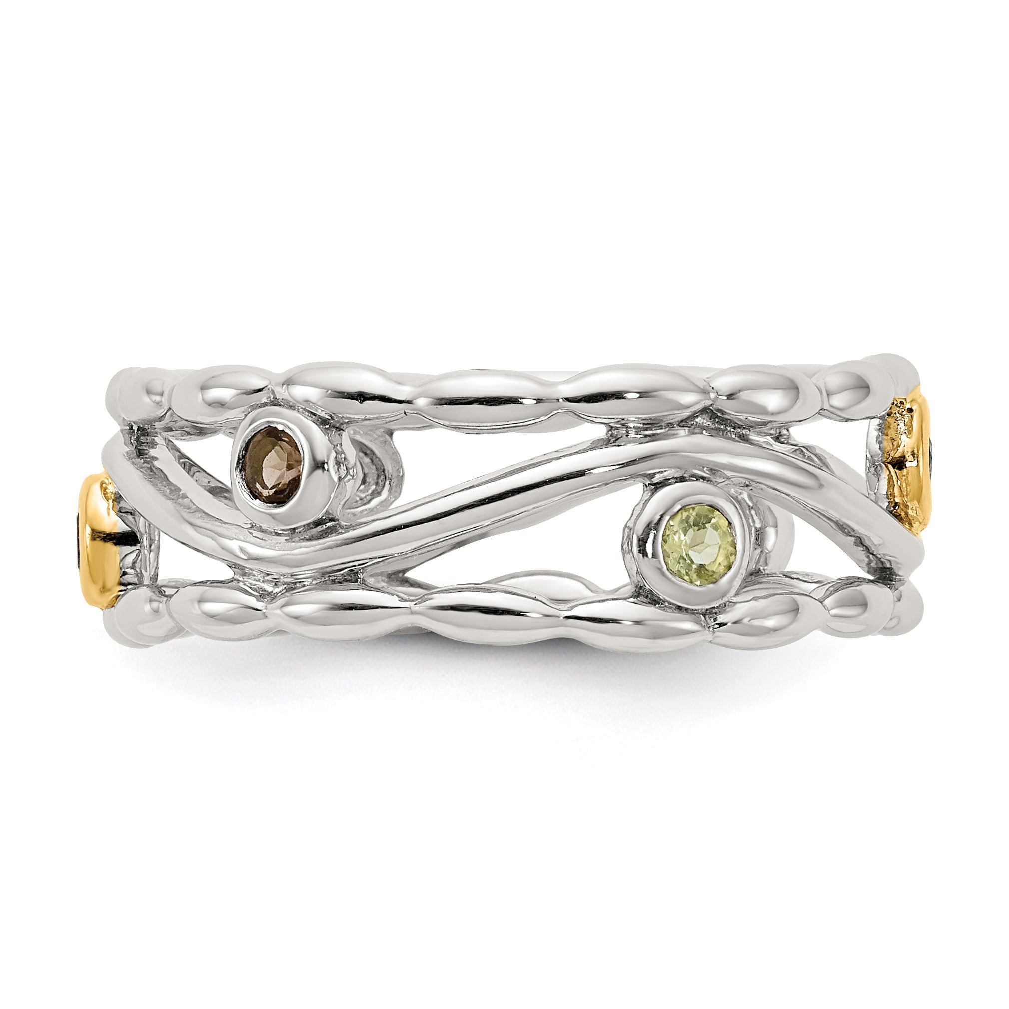 Shey Couture Sterling Silver Rhodium-plated with 14K Accent Round Bezel Amethyst Blue Topaz/Citrine/Garnet/Peridot and Smoky Quartz Ring