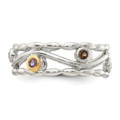 Shey Couture Sterling Silver Rhodium-plated with 14K Accent Round Bezel Amethyst Blue Topaz/Citrine/Garnet/Peridot and Smoky Quartz Ring
