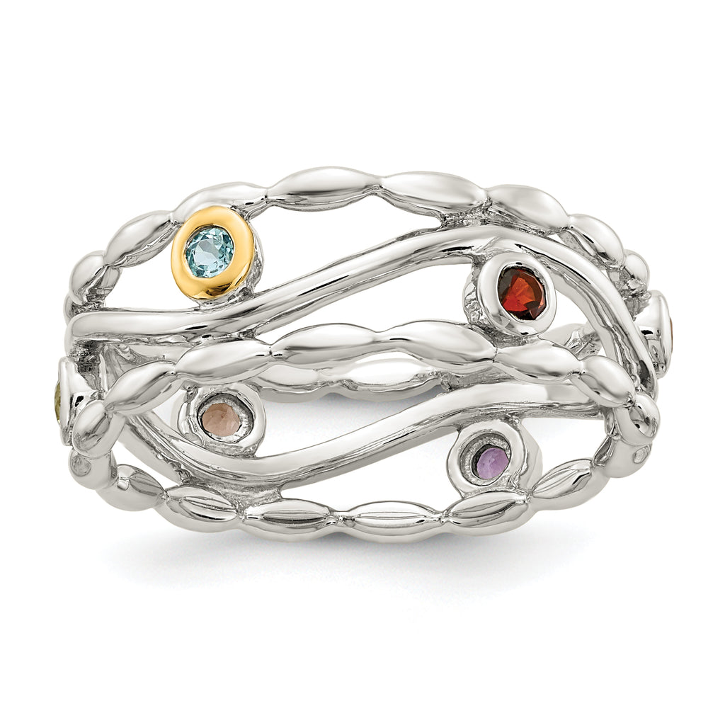Shey Couture Sterling Silver Rhodium-plated with 14K Accent Round Bezel Amethyst Blue Topaz/Citrine/Garnet/Peridot and Smoky Quartz Ring