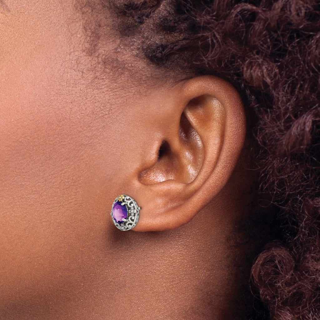 Accent Oval Amethyst Stud Earrings in Sterling Silver, 9.5mm Antiqued - Sophia Jewelers