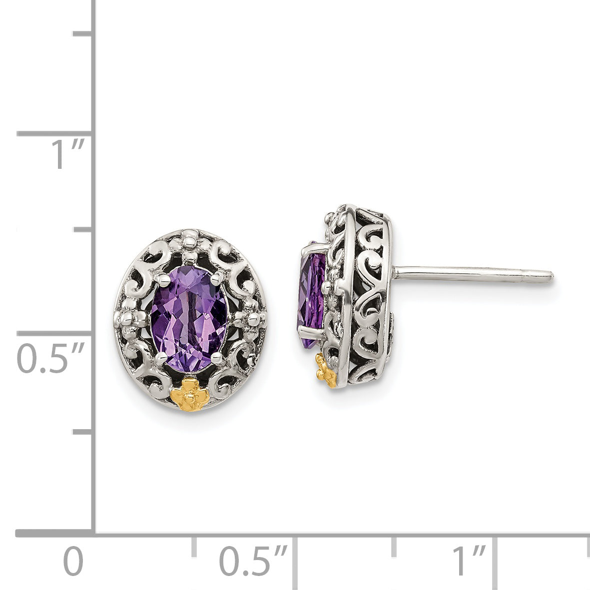 Shey Couture Sterling Silver with 14K Accent Antiqued Oval Amethyst Post Earrings