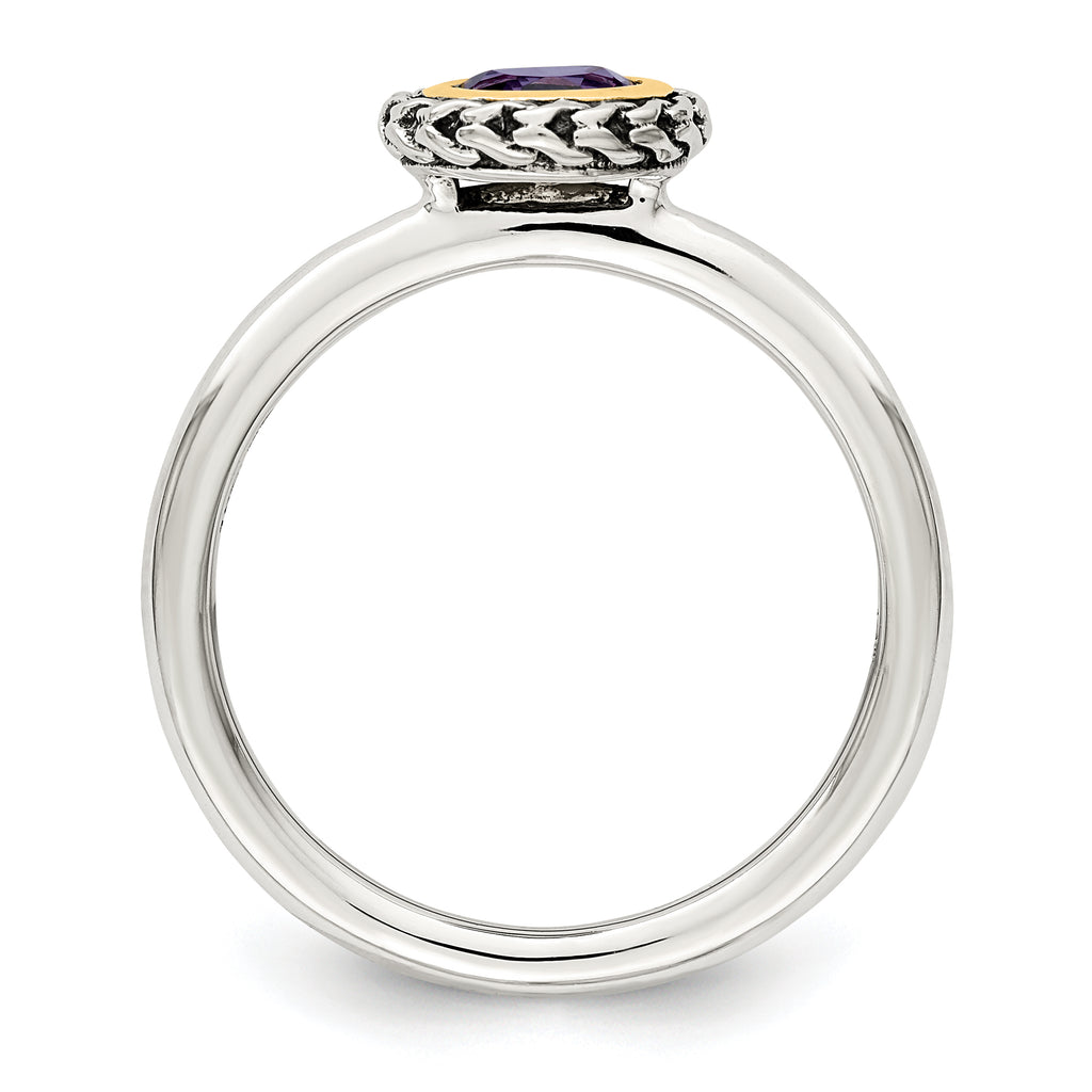 Shey Couture Sterling Silver with 14K Accent Antiqued Round Bezel Amethyst Ring