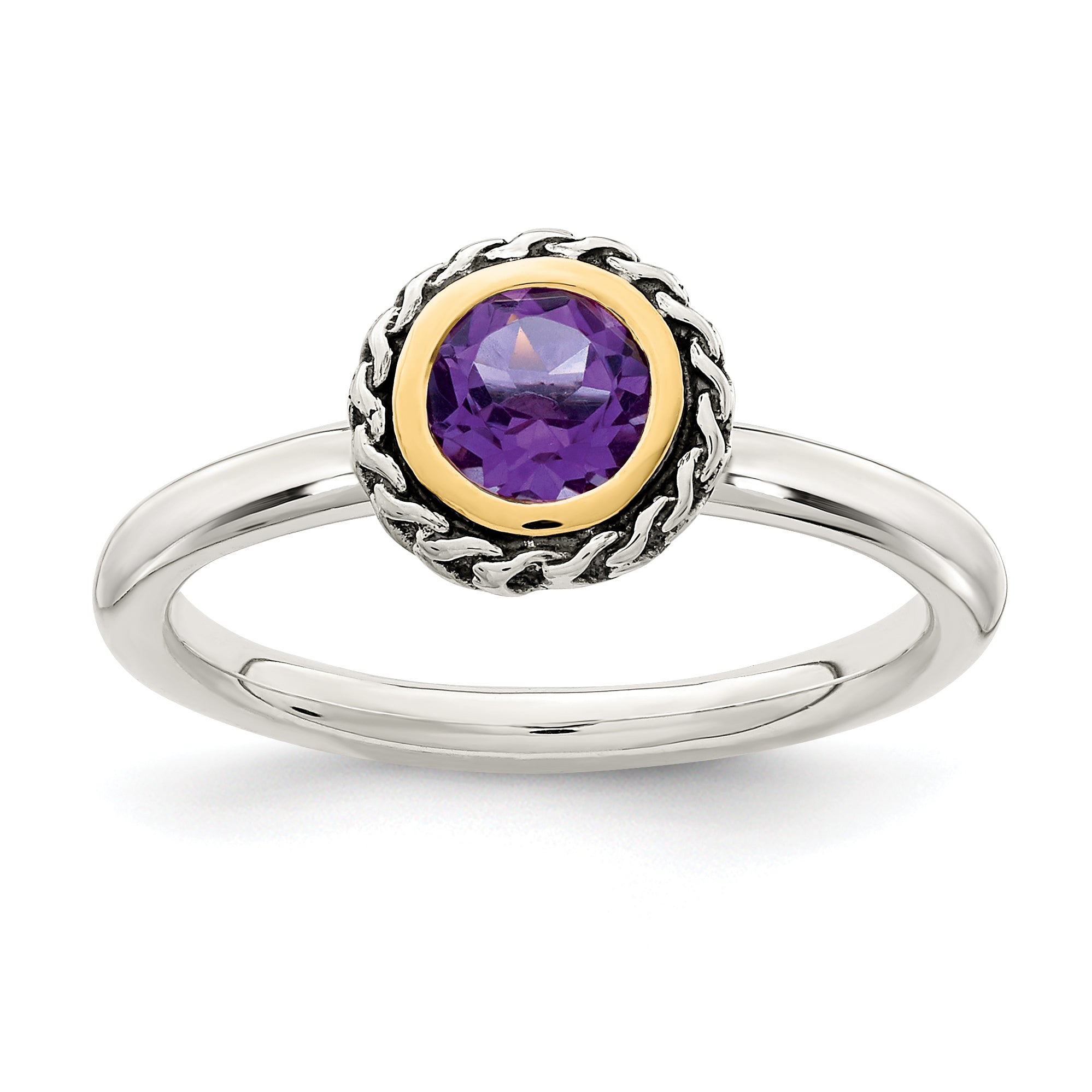 Shey Couture Sterling Silver with 14K Accent Antiqued Round Bezel Amethyst Ring Main image