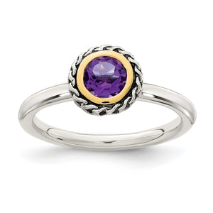 Accent Round Bezel Amethyst Ring in Sterling Silver, Antiqued, Size 6–8 - Sophia Jewelers