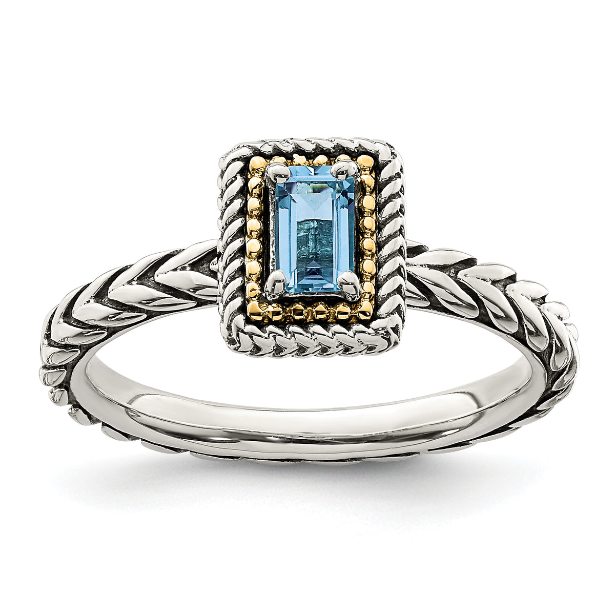 Shey Couture Sterling Silver with 14K Accent Antiqued Emerald-cut Light Swiss Blue Topaz Ring