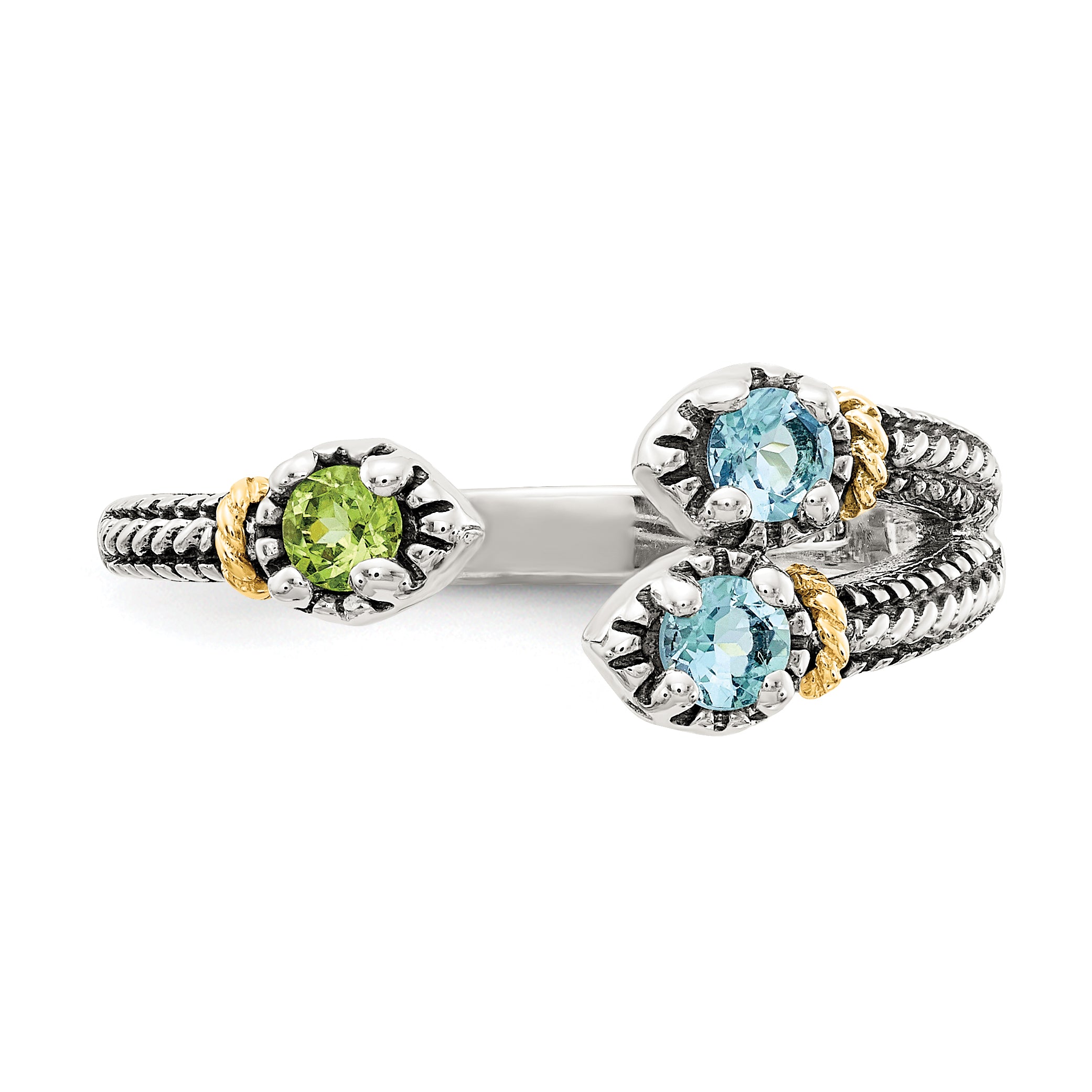 Shey Couture Sterling Silver with 14K Accent Antiqued .22Round Light Swiss Blue Topaz and .12Round Peridot Ring