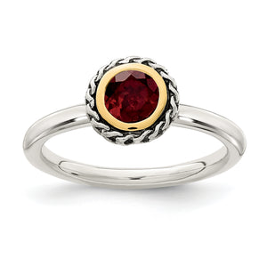 Shey Couture Sterling Silver with 14K Accent Antiqued Round Bezel Garnet Ring, Size 6–8 - Sophia Jewelers