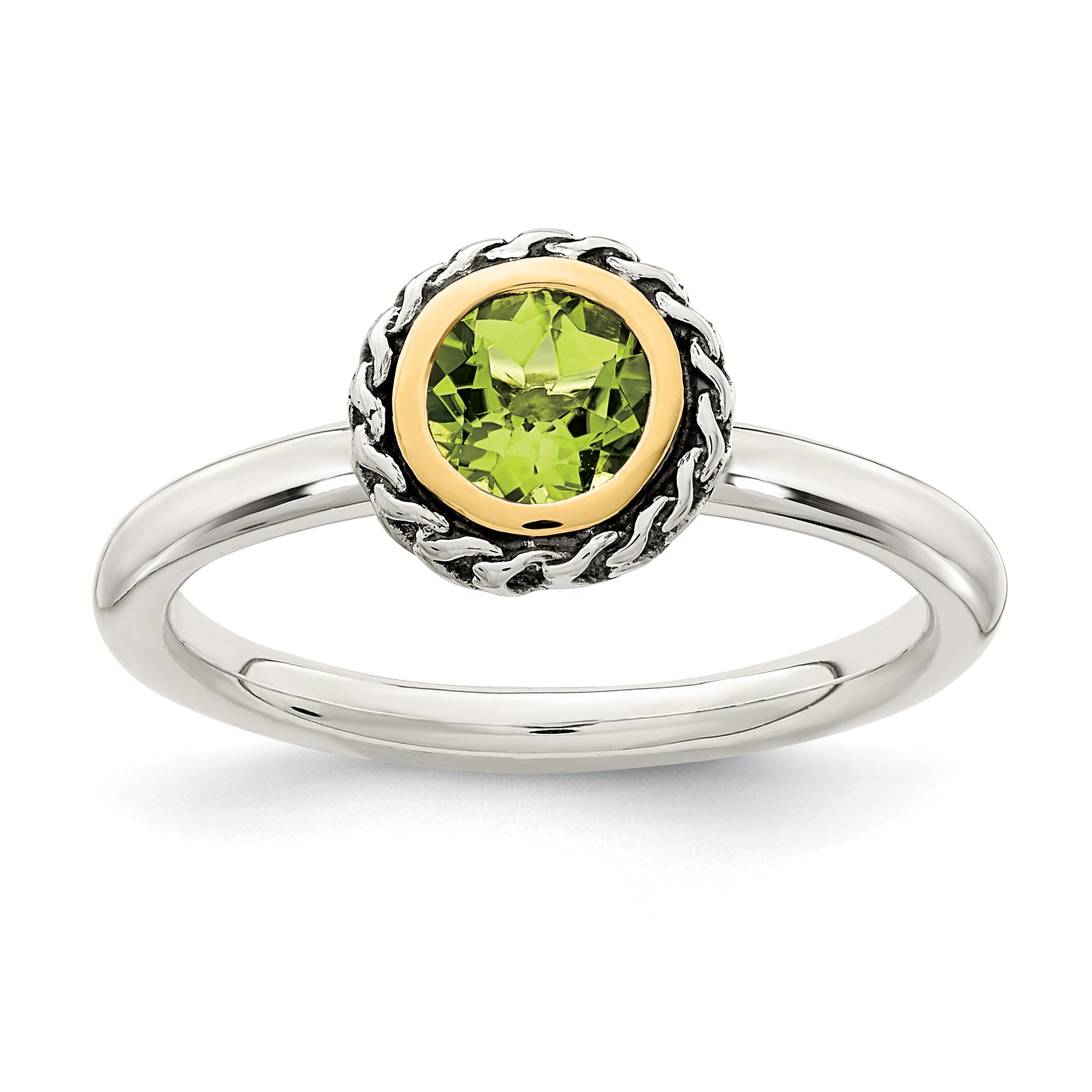 Shey Couture Sterling Silver with 14K Accent Antiqued Round Bezel Peridot Ring