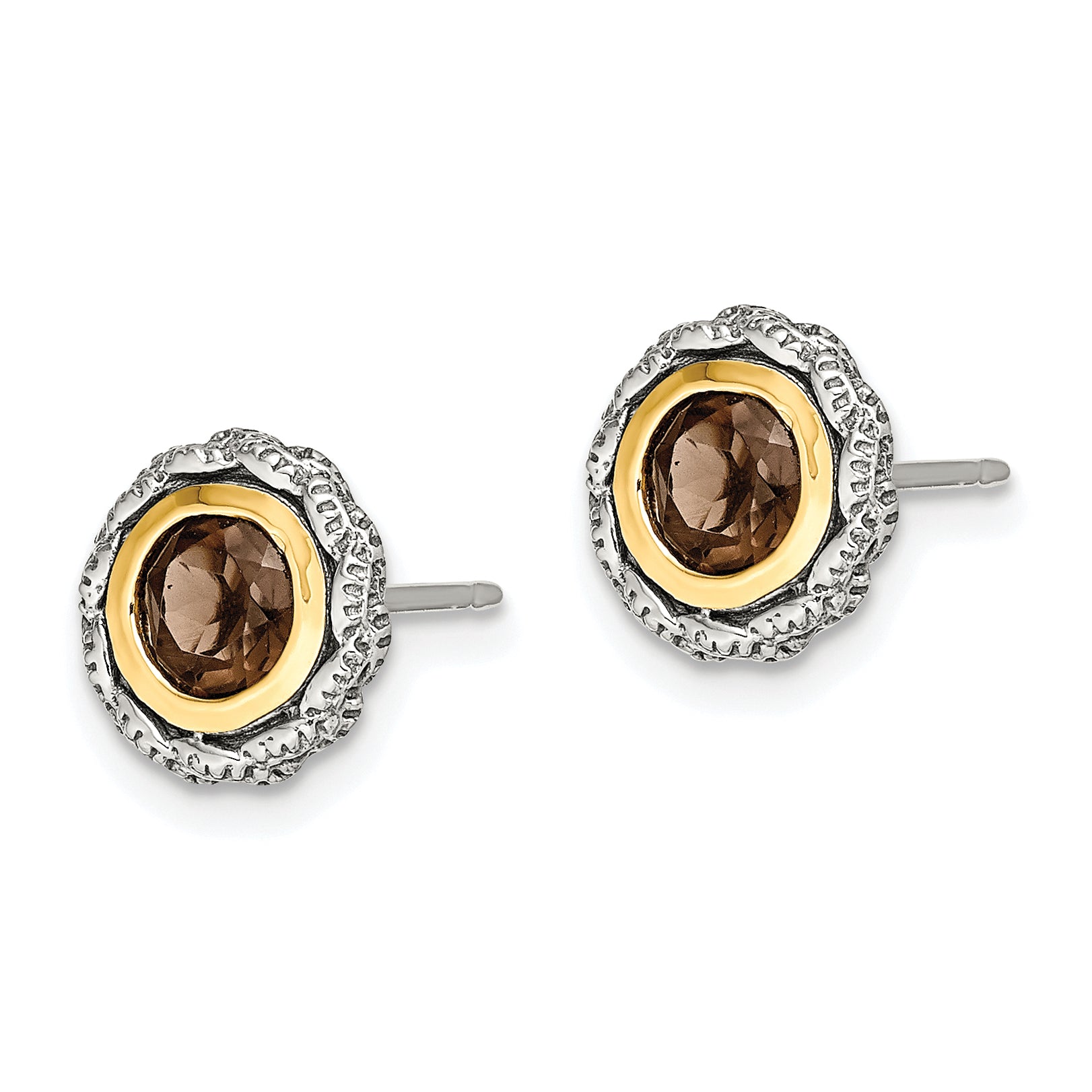 Shey Couture Sterling Silver with 14K Accent Antiqued Round Bezel Smoky Quartz Post Earrings Secondary image