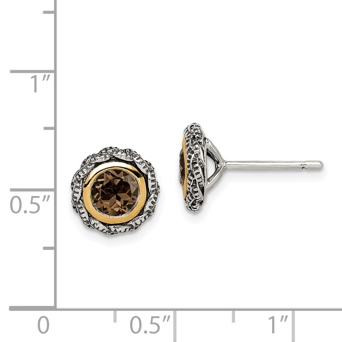 Shey Couture Sterling Silver with 14K Accent Antiqued Round Bezel Smoky Quartz Post Earrings