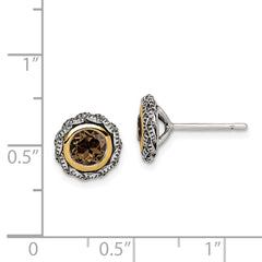 Shey Couture Sterling Silver with 14K Accent Antiqued Round Bezel Smoky Quartz Post Earrings