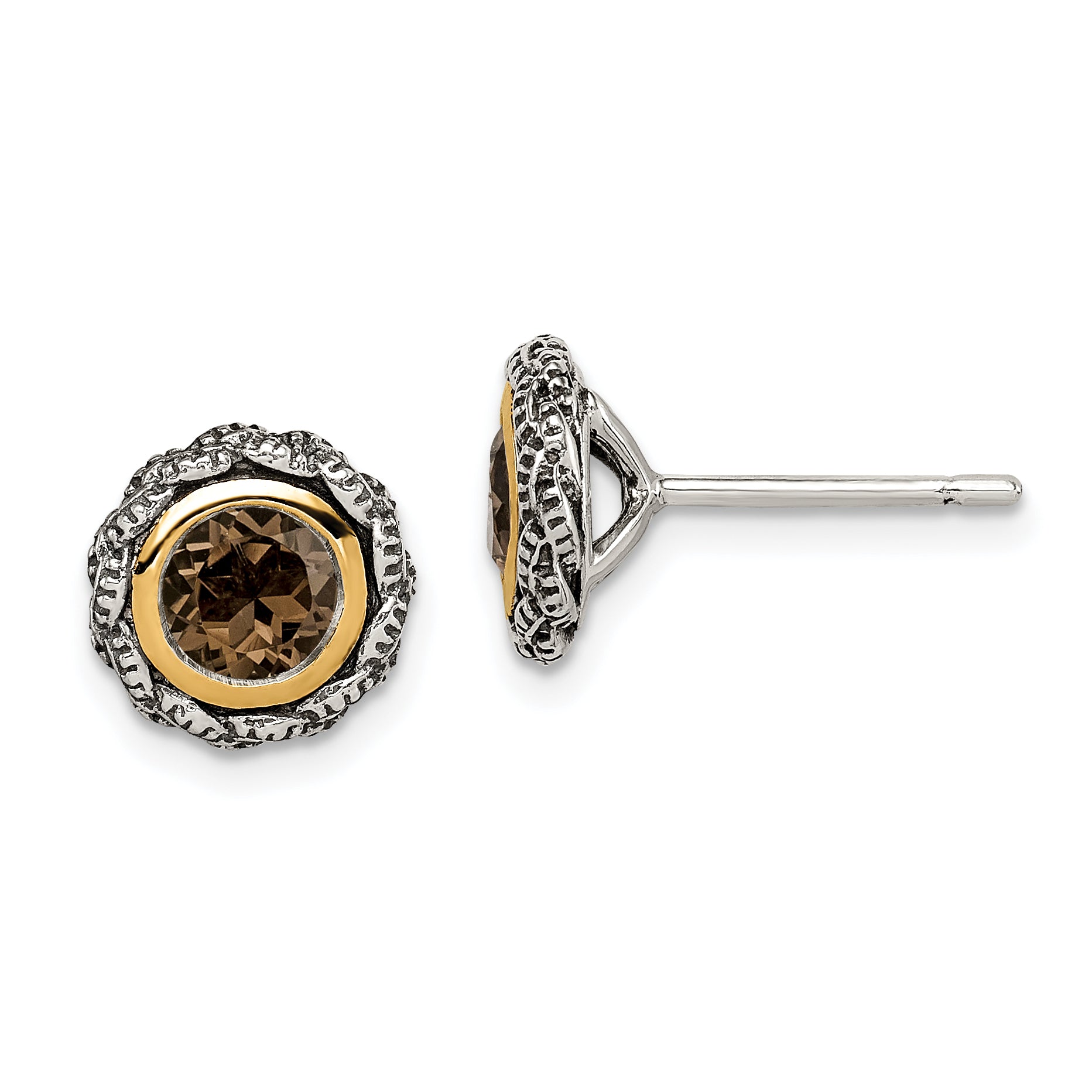 Shey Couture Sterling Silver with 14K Accent Antiqued Round Bezel Smoky Quartz Post Earrings