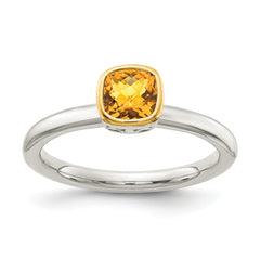 Shey Couture Sterling Silver Rhodium-plated with 14k Accent Polished Cushion-cut Citrine Ring