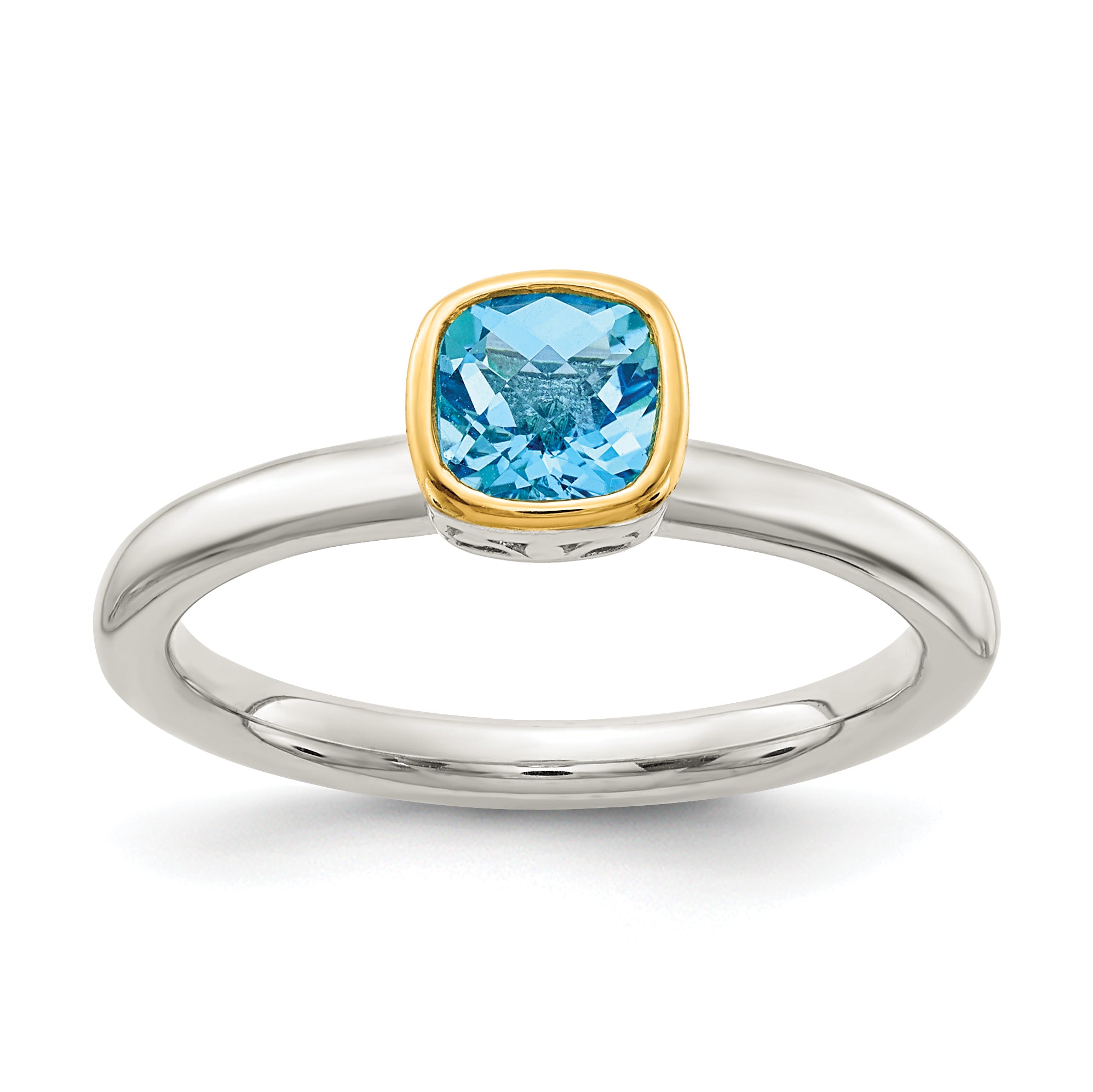 Shey Couture Sterling Silver Rhodium-plated with 14k Accent Polished Cushion-cut Light Swiss Blue Topaz Ring Main image