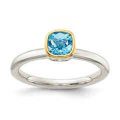 Shey Couture Sterling Silver Rhodium-plated with 14k Accent Polished Cushion-cut Light Swiss Blue Topaz Ring