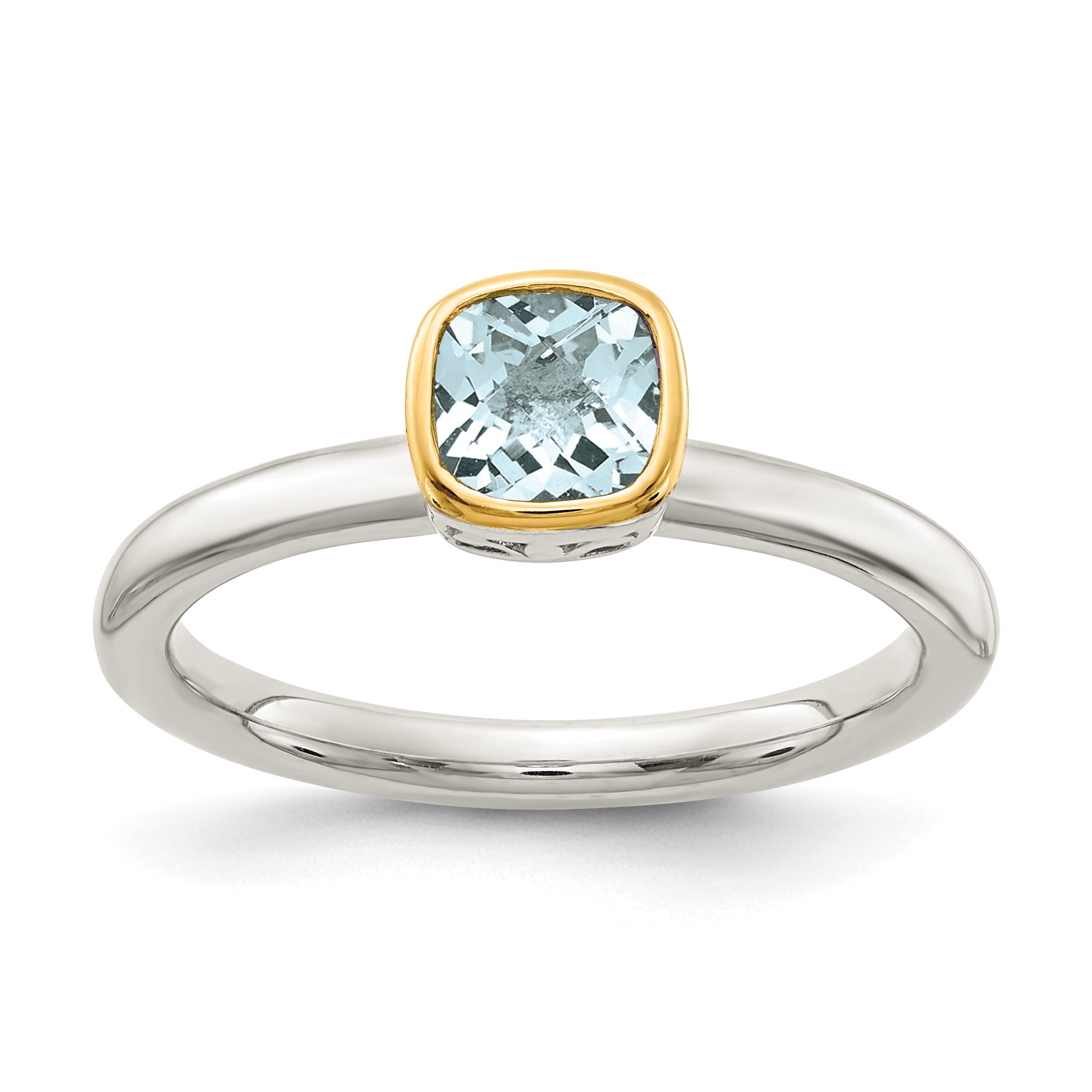 Shey Couture Sterling Silver Rhodium-plated with 14K Accent Polished Cushion-cut Aquamarine Ring Main image