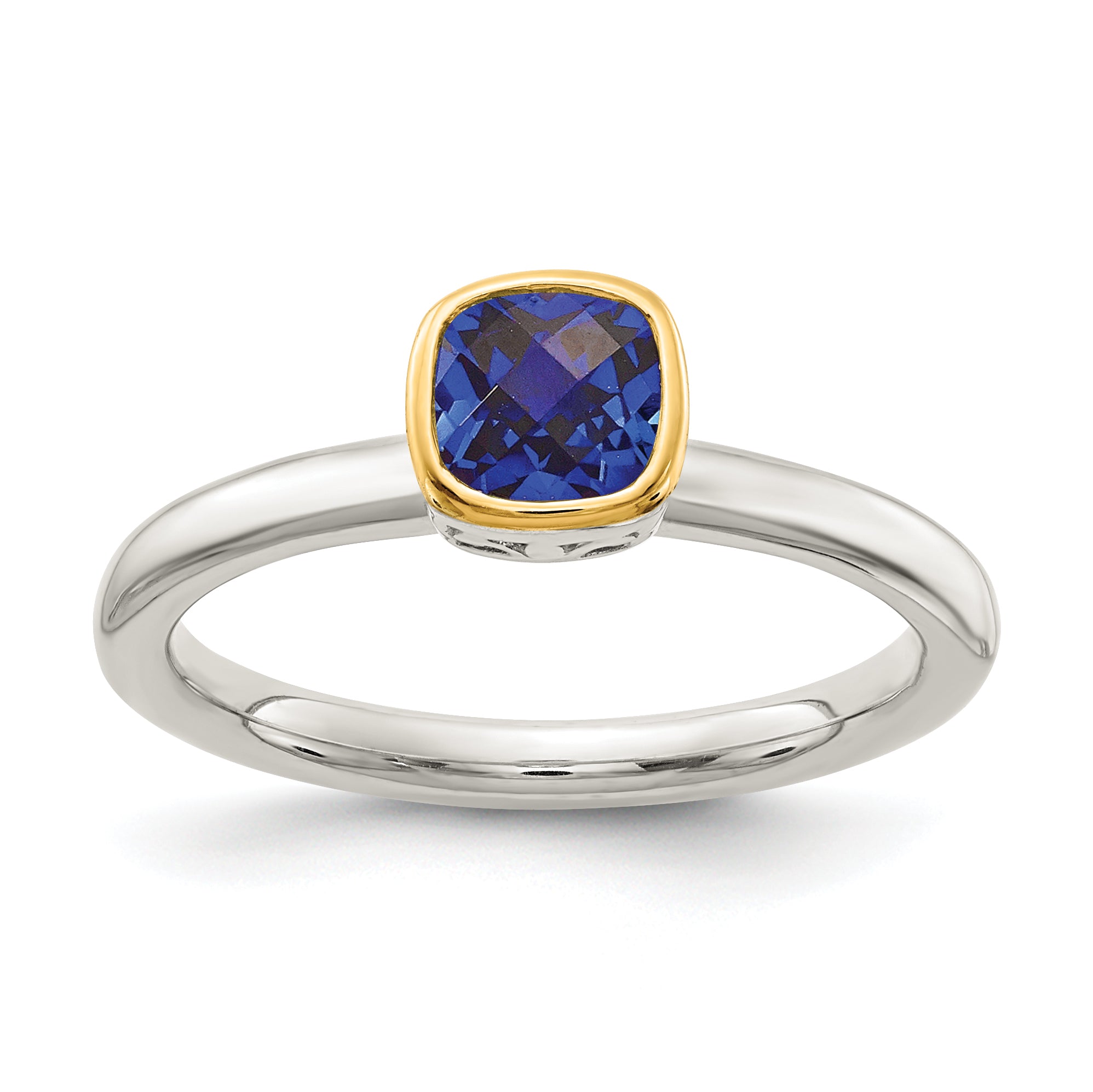Shey Couture Sterling Silver Rhodium-plated with 14K Accent Polished Cushion-cut Created Sapphire Ring