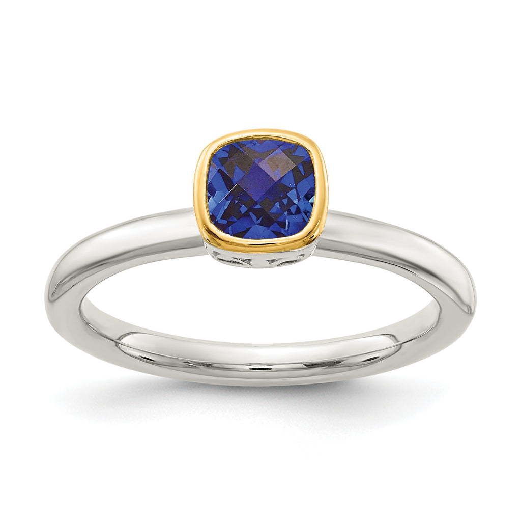 Shey Couture Sterling Silver Rhodium-plated with 14K Accent Polished Cushion-cut Created Sapphire Ring