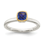 Shey Couture Sterling Silver Rhodium-plated with 14K Accent Polished Cushion-cut Created Sapphire Ring