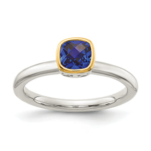 Shey Couture Sterling Silver Rhodium-plated with 14K Accent Polished Cushion-cut Created Sapphire Ring - Sophia Jewelers