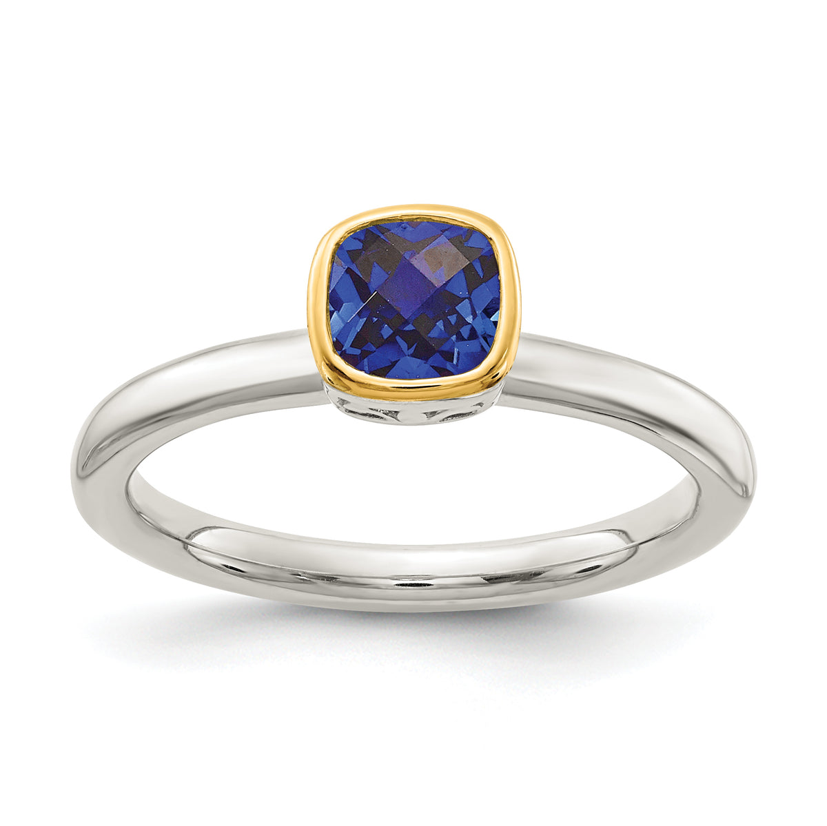 Shey Couture Sterling Silver Rhodium-plated with 14K Accent Polished Cushion-cut Created Sapphire Ring
