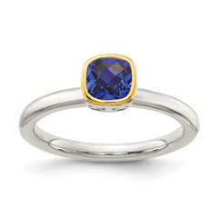 Shey Couture Sterling Silver Rhodium-plated with 14K Accent Polished Cushion-cut Created Sapphire Ring