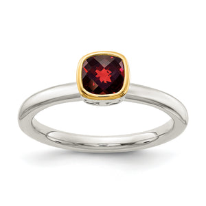 Shey Couture Sterling Silver Rhodium-plated with 14K Accent Polished Cushion-cut Garnet Ring - Sophia Jewelers