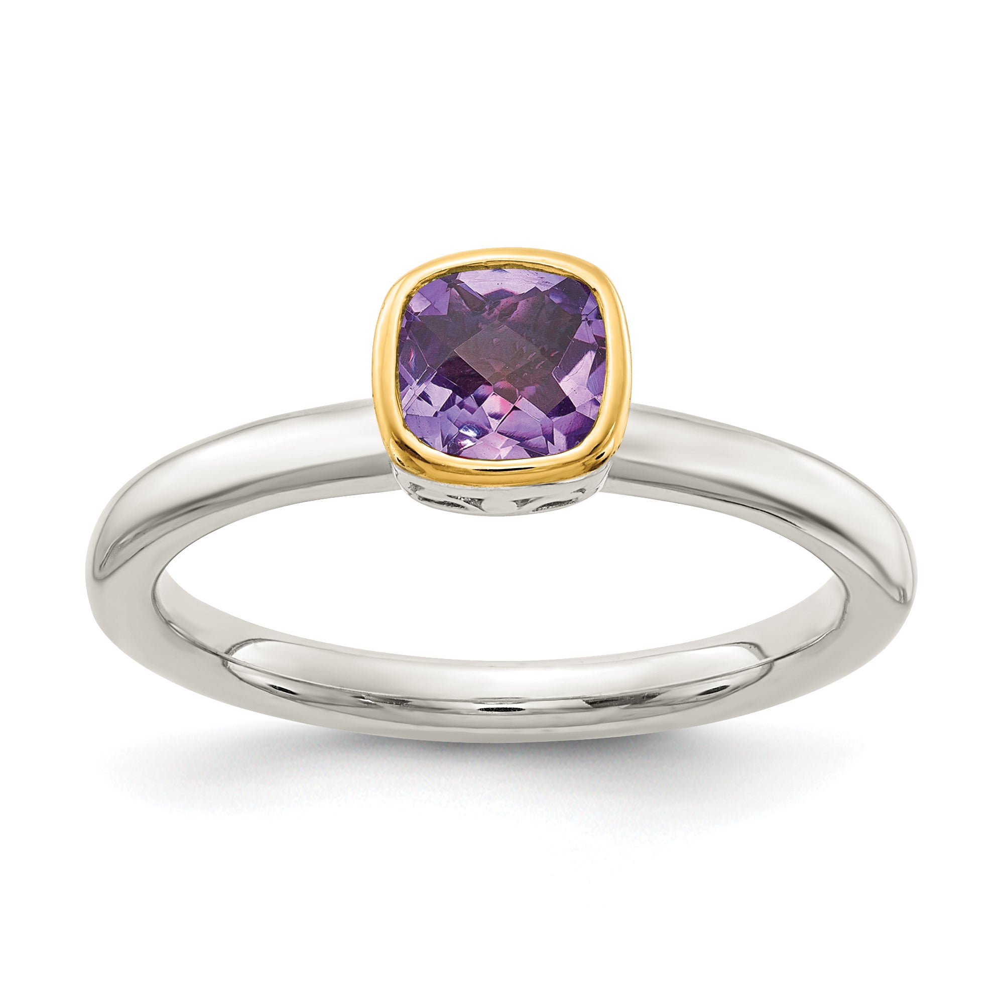 Shey Couture Sterling Silver Rhodium-plated with 14K Accent Polished Cushion-cut Amethyst Ring Main image