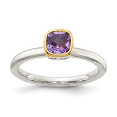 Shey Couture Sterling Silver Rhodium-plated with 14K Accent Polished Cushion-cut Amethyst Ring