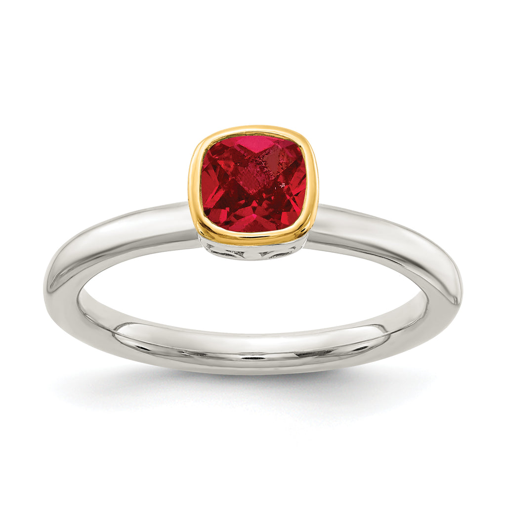 Shey Couture Sterling Silver Rhodium-plated with 14K Accent Polished Cushion-cut Created Ruby Ring