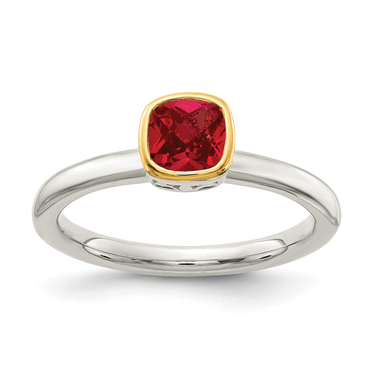 Shey Couture Sterling Silver Rhodium-plated with 14K Accent Polished Cushion-cut Created Ruby Ring