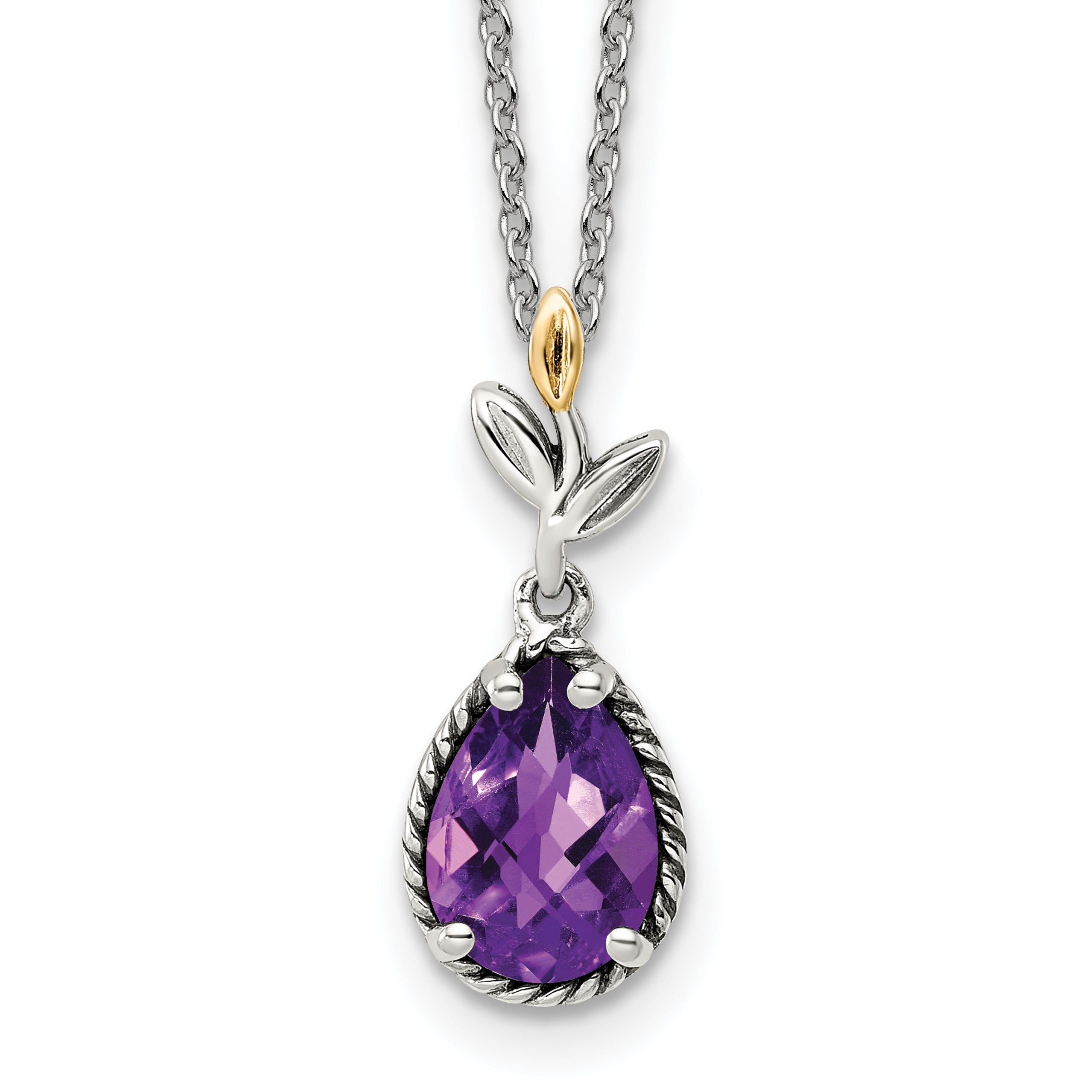Shey Couture Sterling Silver with 14K Accent 18 Inch Leaves with Checkerboard Pear Shaped Amethyst Necklace with 2 Inch Extender Main image