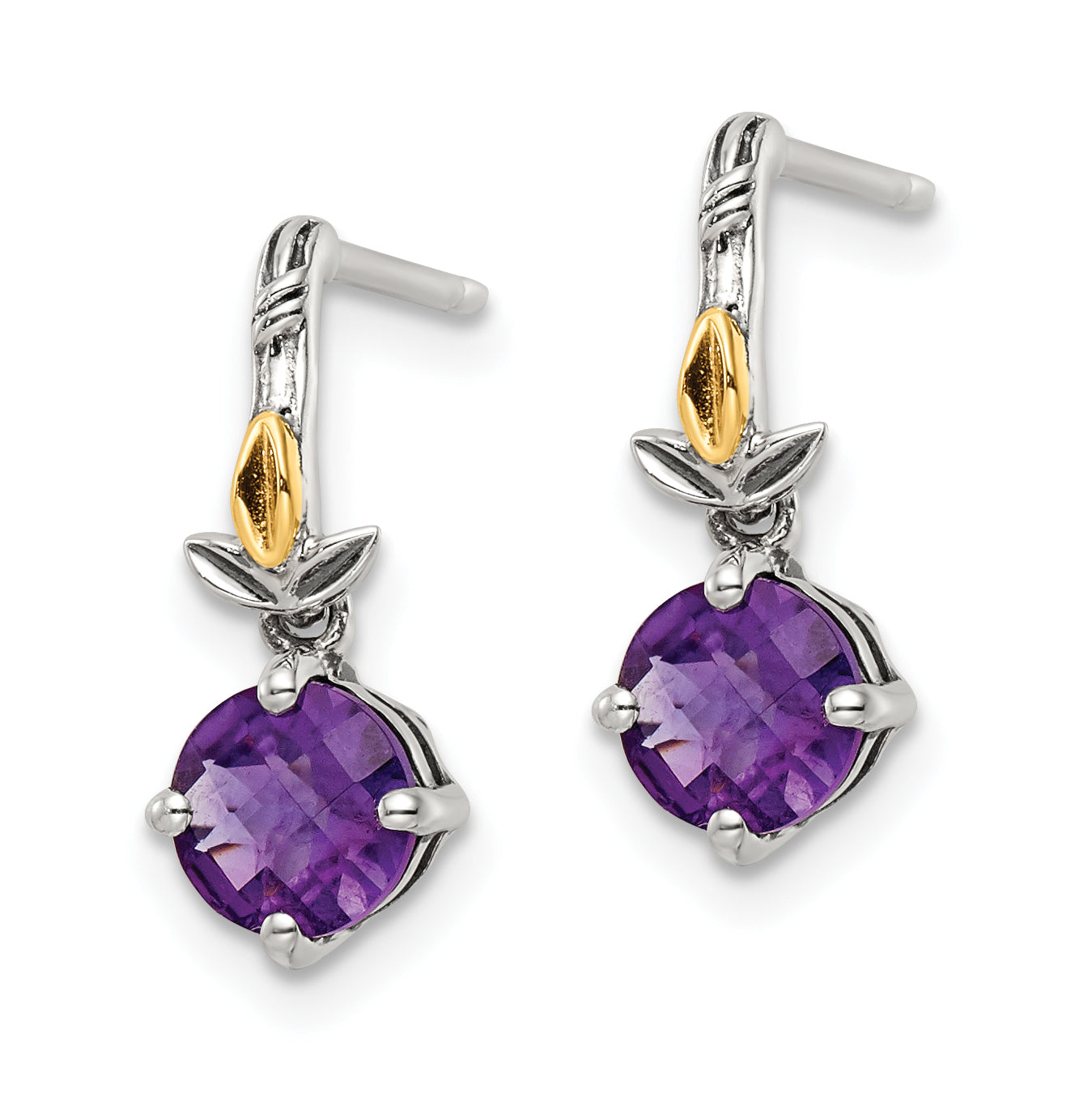 Shey Couture Sterling Silver with 14K Accent Leaves with Round Amethyst Dangle Post Earrings Secondary image