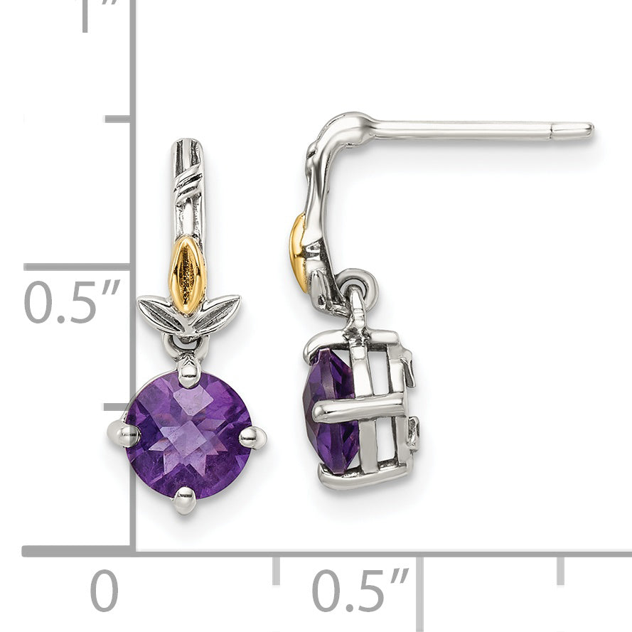 Shey Couture Sterling Silver with 14K Accent Leaves with Round Amethyst Dangle Post Earrings