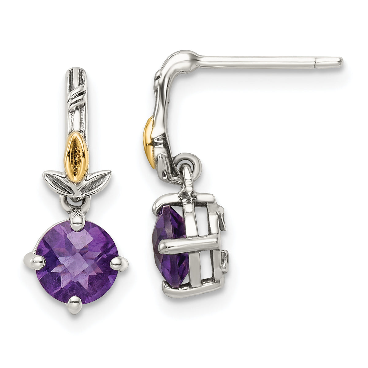 Shey Couture Sterling Silver with 14K Accent Leaves with Round Amethyst Dangle Post Earrings