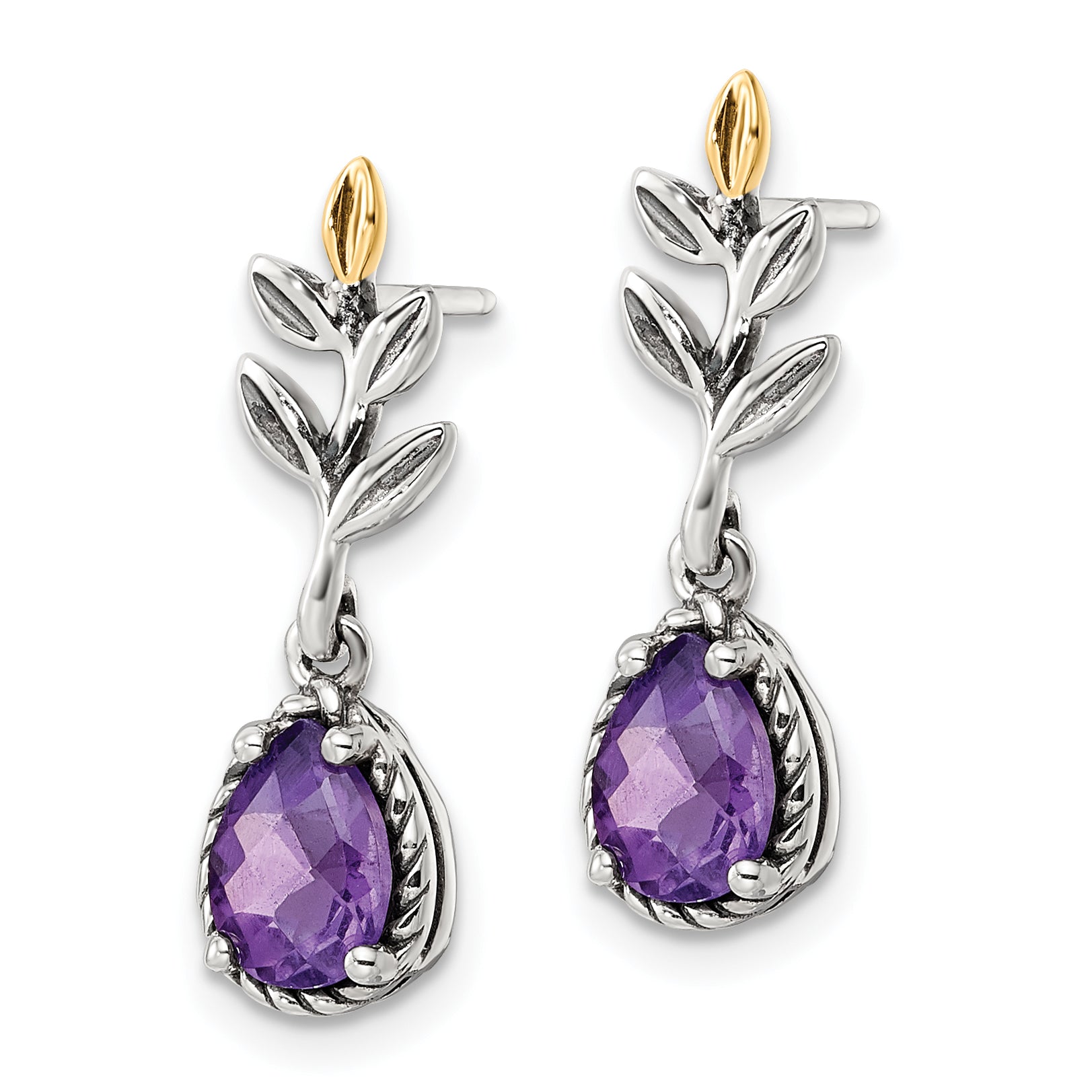 Shey Couture Sterling Silver with 14K Accent Leaves with Pear Shaped Checkerboard Amethyst Dangle Post Earrings Secondary image
