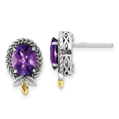 Shey Couture Sterling Silver with 14K Accent Antiqued Braided Oval Amethyst Post Earrings