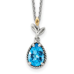 Shey Couture Sterling Silver with 14K Accent 18 Inch Leaves with Pear Shape Checkerboard Blue Topaz Necklace with 2 Inch Extender