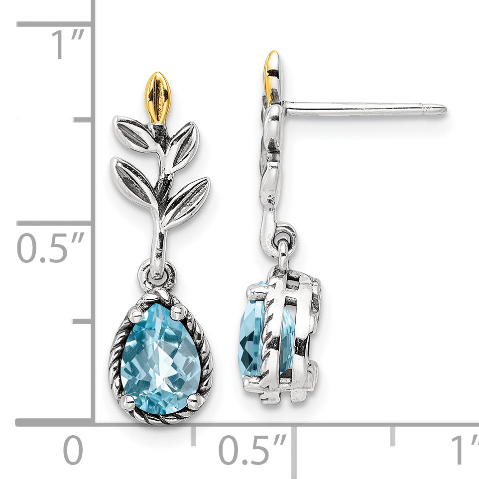 Shey Couture Sterling Silver with 14K Accent Antiqued Leaves Pear Shaped Checkerboard Light Swiss Blue Topaz Post Dangle Earrings