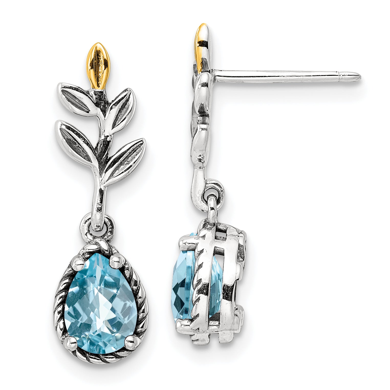 Shey Couture Sterling Silver with 14K Accent Antiqued Leaves Pear Shaped Checkerboard Light Swiss Blue Topaz Post Dangle Earrings Main image