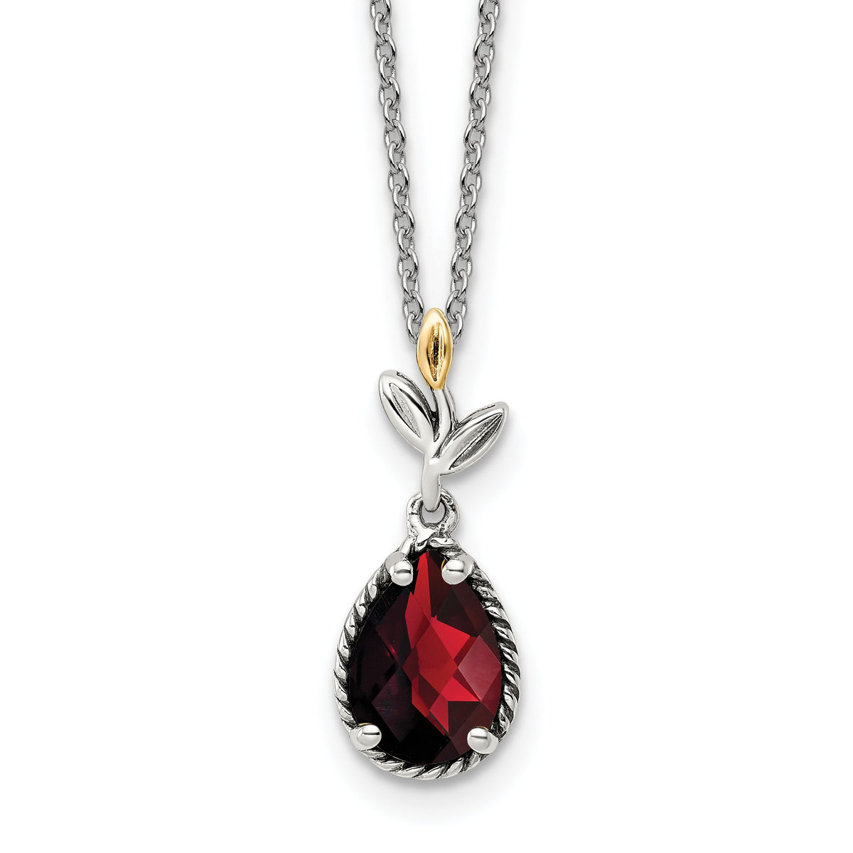 Leaves & Pear Garnet Necklace in Sterling Silver & 14K Gold, 20mm (2.1 ct.) - Sophia Jewelers Main image