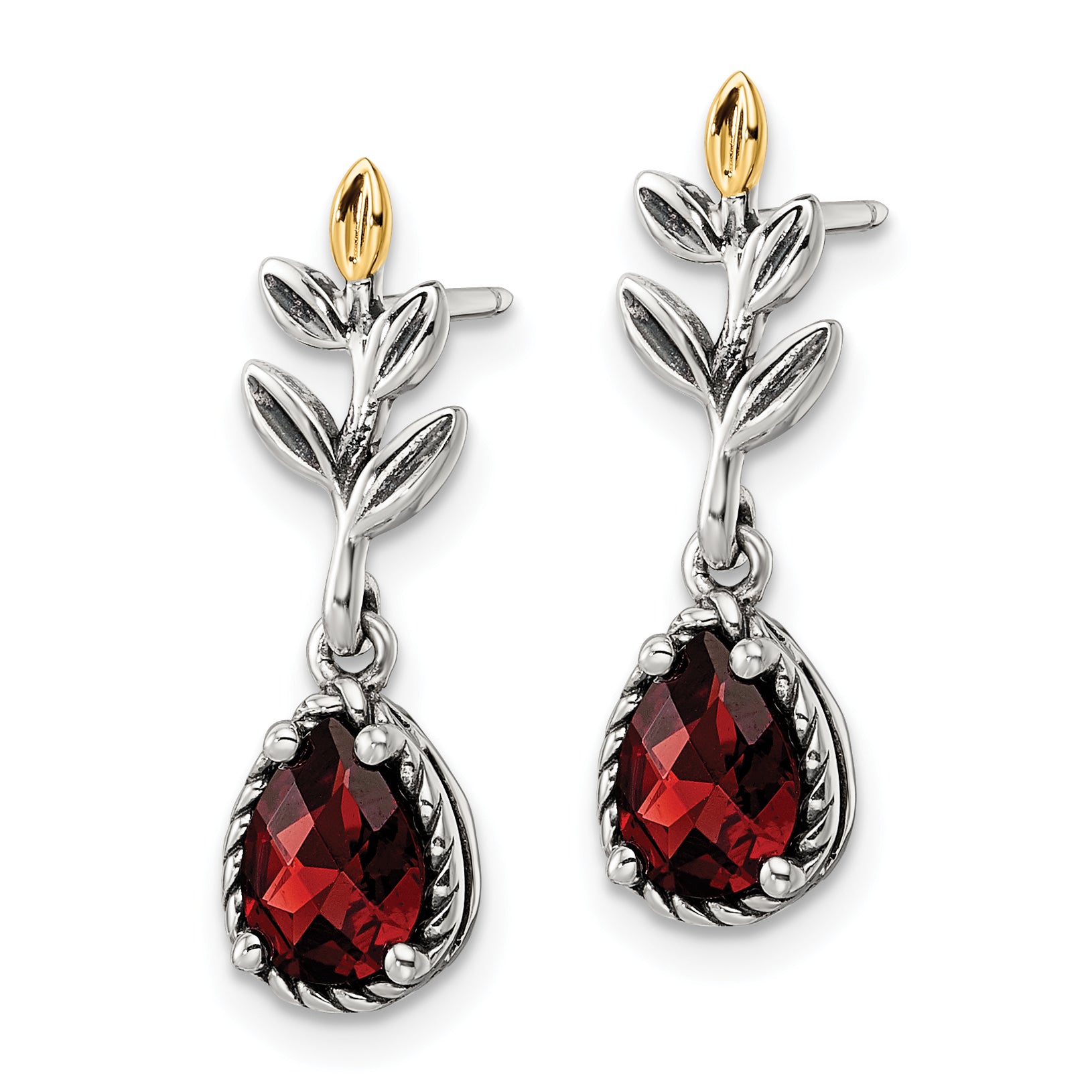 Shey Couture Sterling Silver with 14K Accent 18 Inch Antiqued Leaves Pear Shaped Checkerboard Garnet Leaves Dangle Post Earrings Secondary image