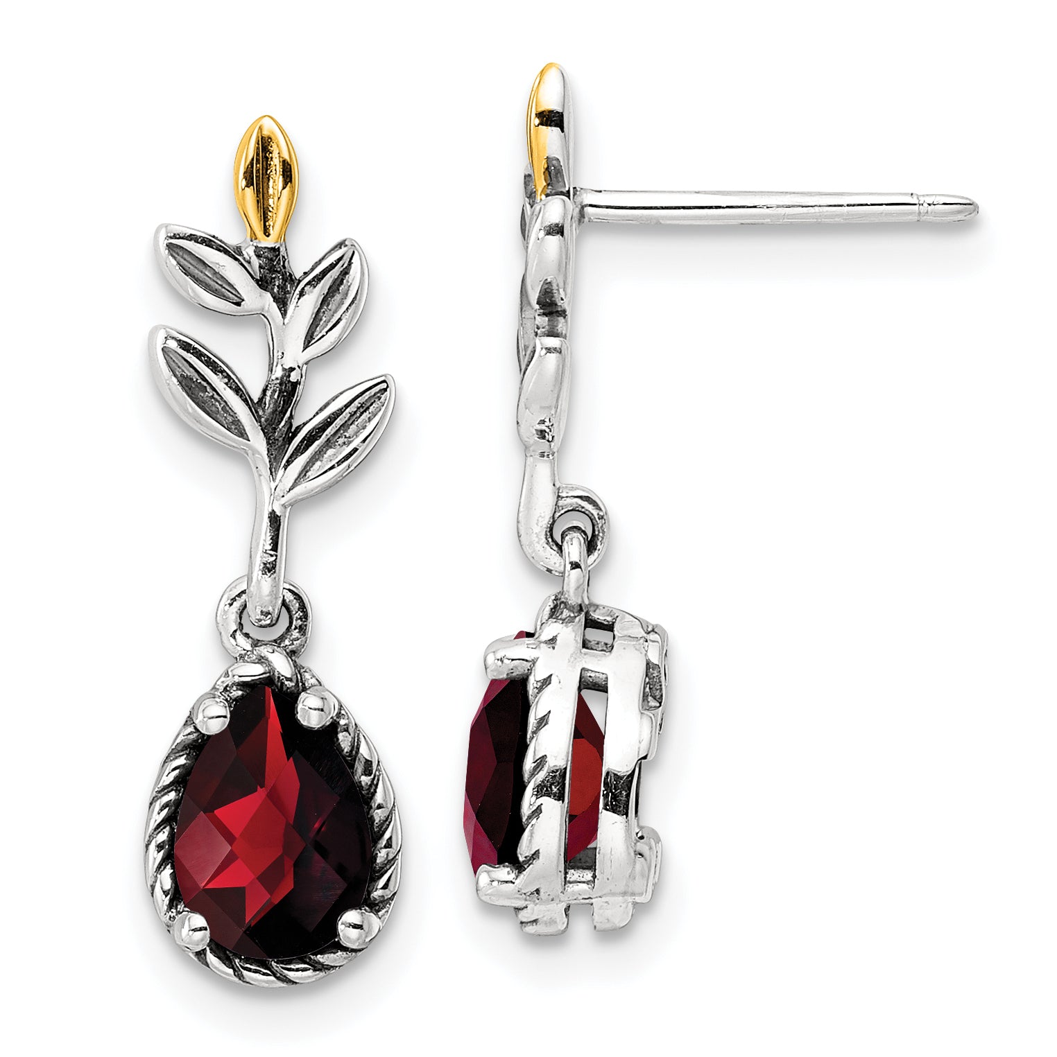 Shey Couture Sterling Silver with 14K Accent 18 Inch Antiqued Leaves Pear Shaped Checkerboard Garnet Leaves Dangle Post Earrings Main image