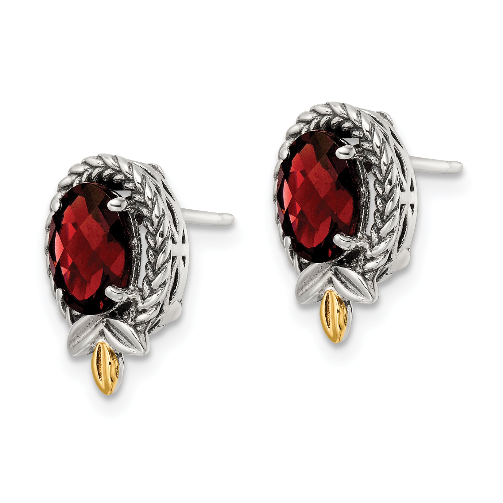 Shey Couture Sterling Silver with 14K Accent Antiqued Checkerboard Oval Garnet Post Earrings Secondary image