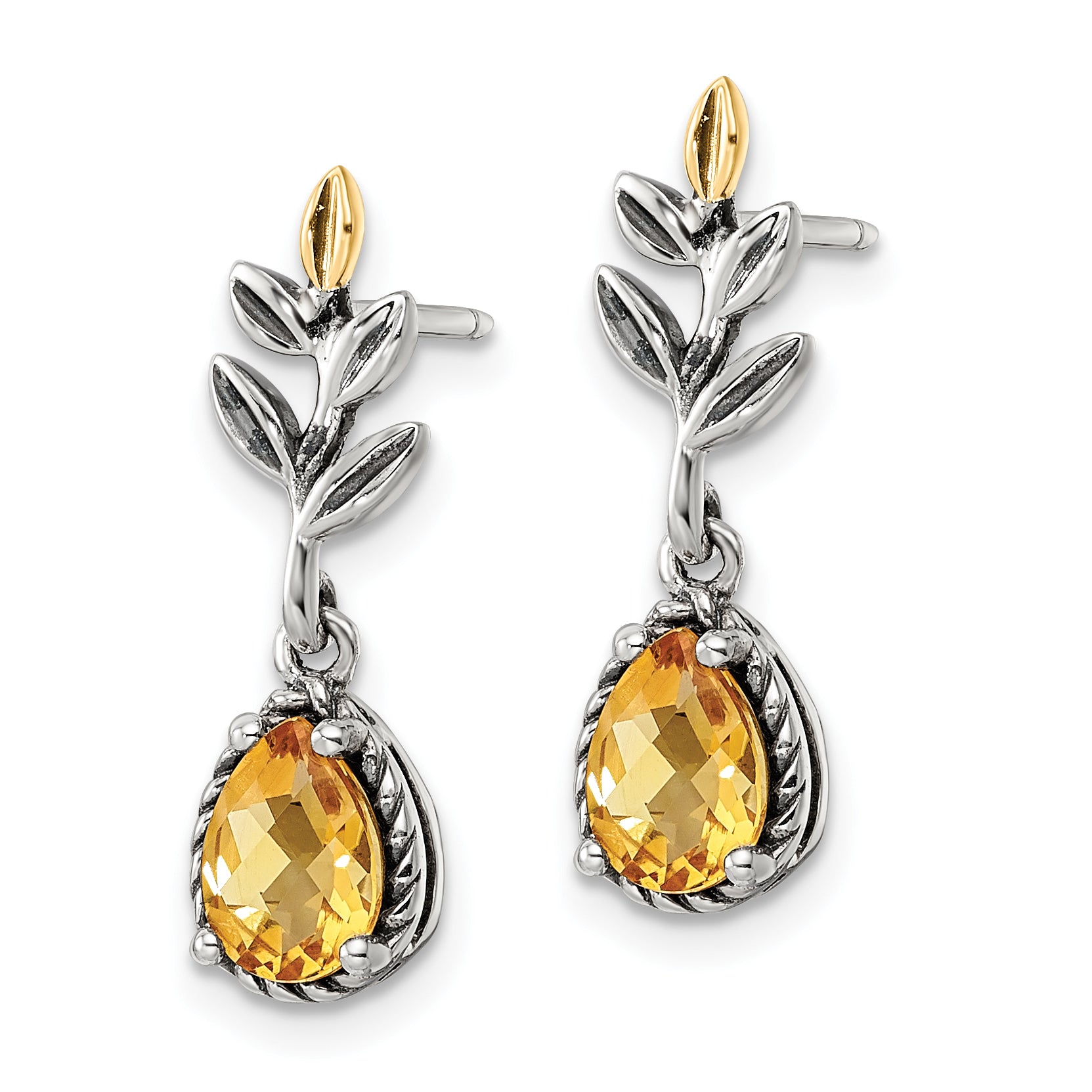 Shey Couture Sterling Silver with 14K Accent Antiqued Leaf Pear Shaped Citrine Dangle Post Earrings Secondary image