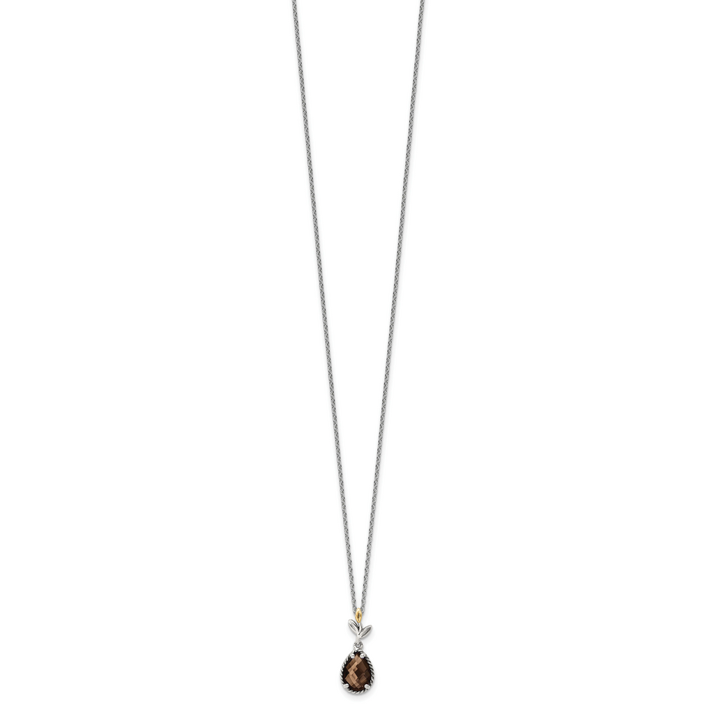 Shey Couture Sterling Silver with 14K Accent 18 Inch Leaves with Pear Shaped Checkerboard Smoky Quartz Necklace with 2 Inch E