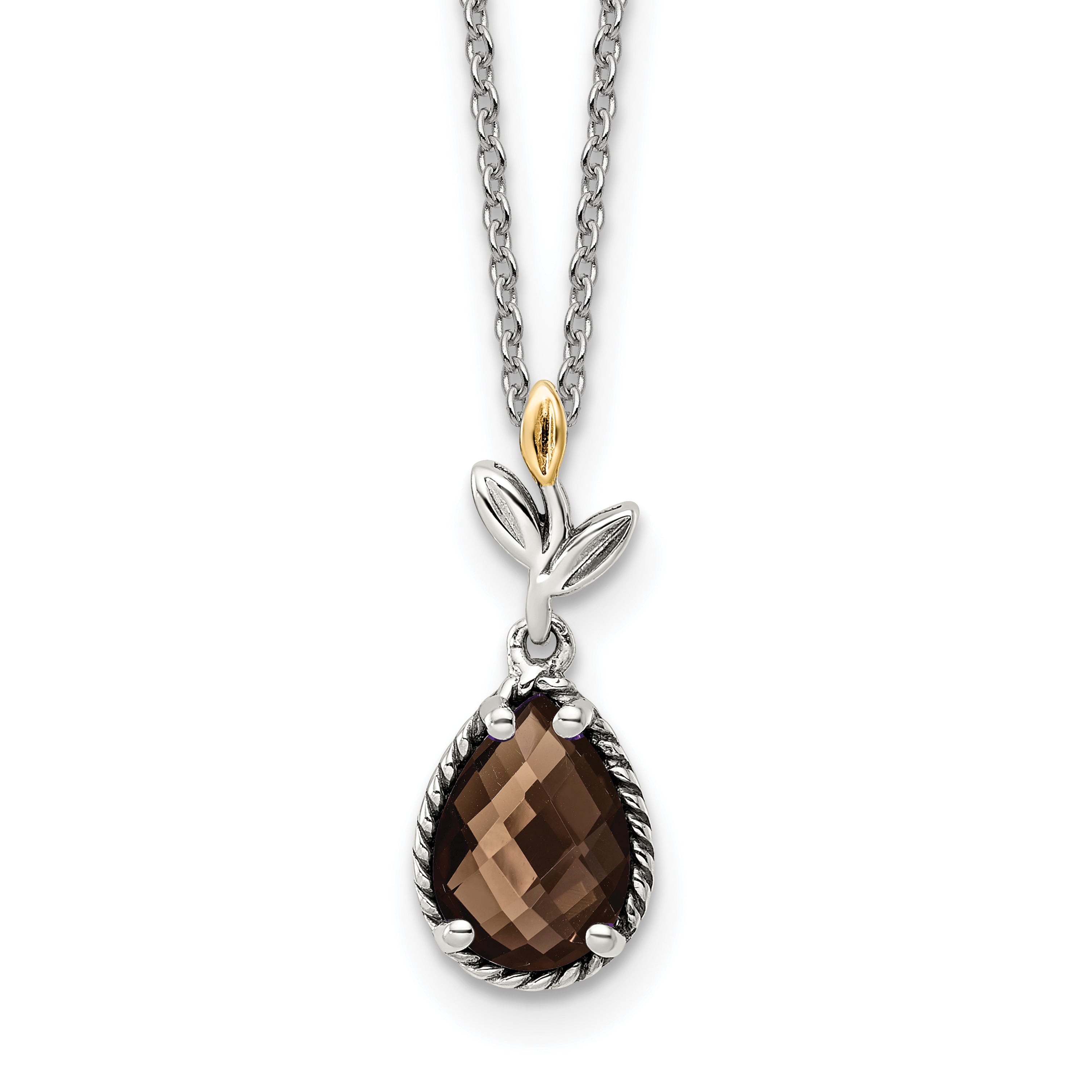 Shey Couture Sterling Silver with 14K Accent 18 Inch Leaves with Pear Shaped Checkerboard Smoky Quartz Necklace with 2 Inch E