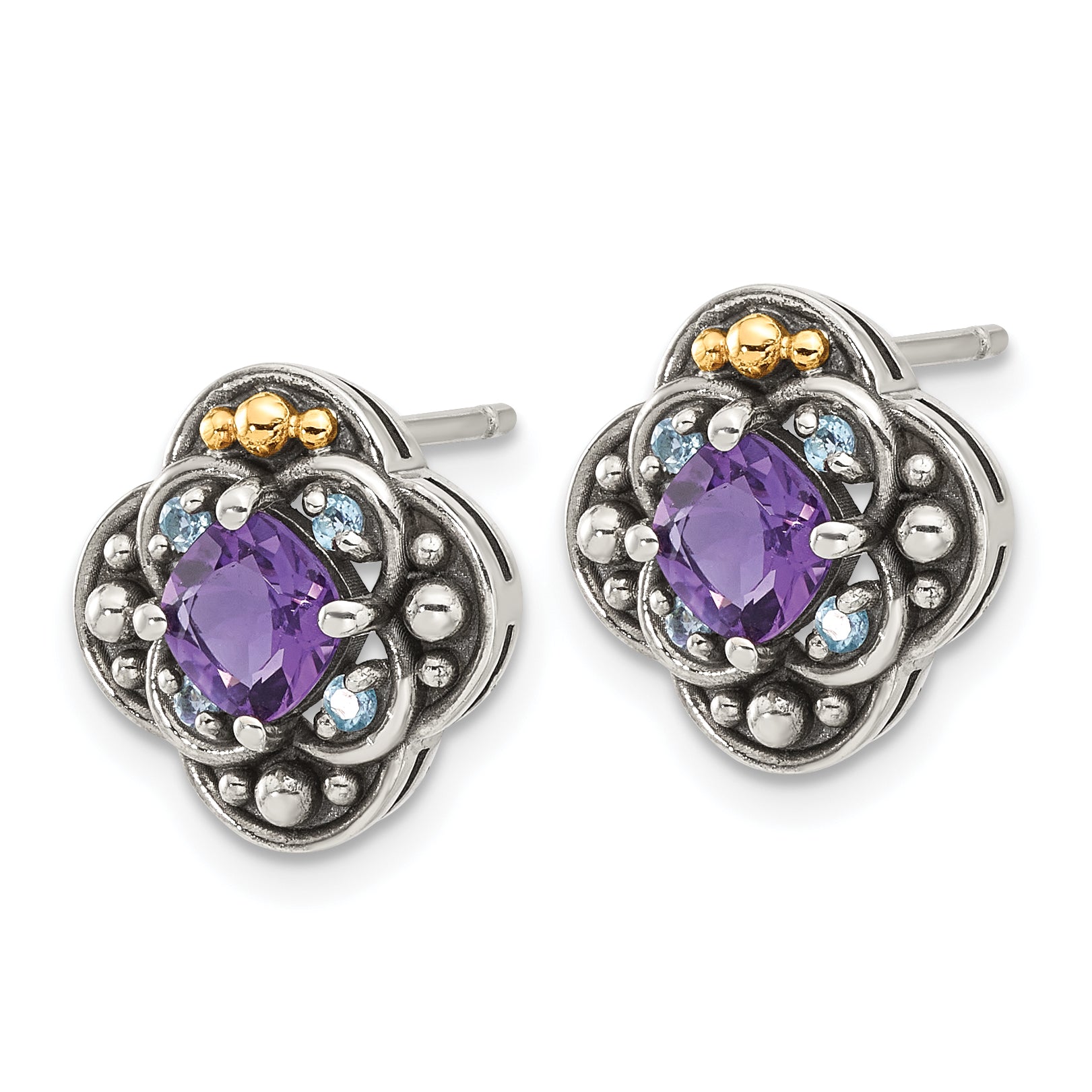 Shey Couture Sterling Silver with 14k Accent Antiqued .91 Amethyst / .11Swiss Blue Topaz Post Earrings Secondary image