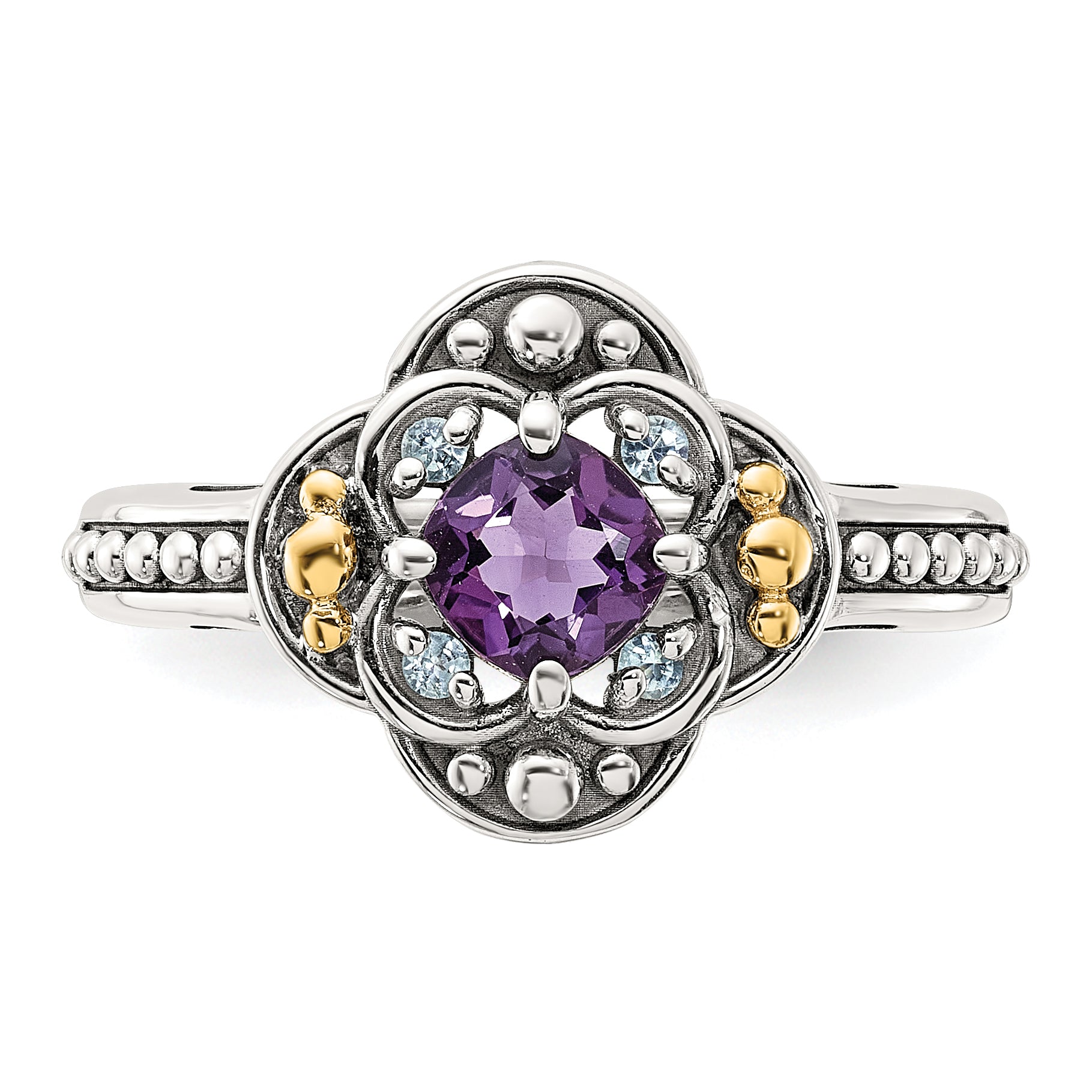 Shey Couture Sterling Silver with 14k Accent Antiqued .41 Amethyst / .09Swiss Blue Topaz Ring